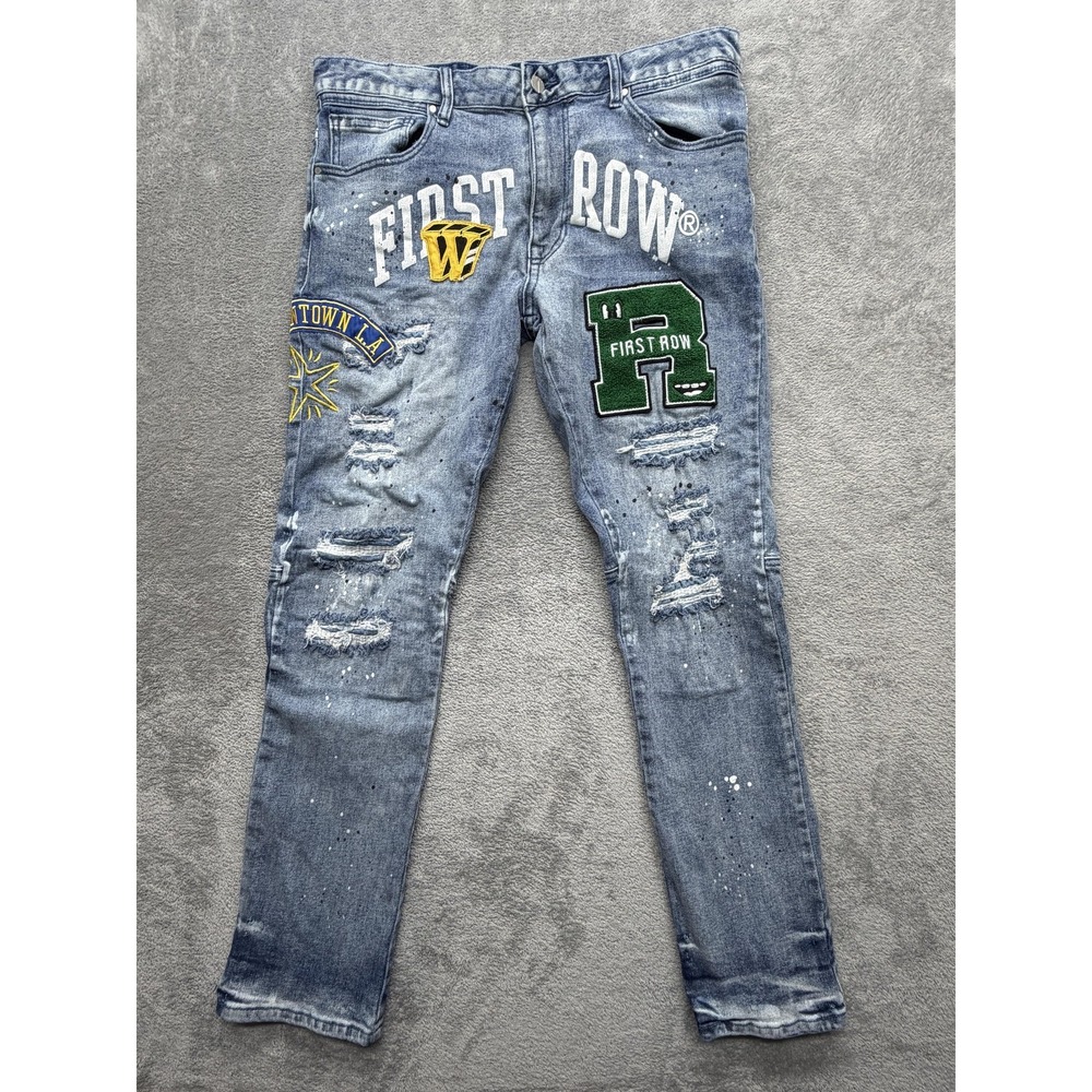 First Row Jeans Mens Measured 36x31 Blue Skinny Slim Distressed Patch Paint
